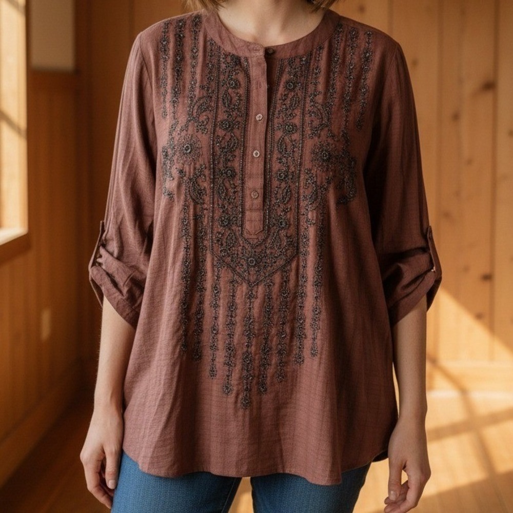 Pure Jill‎ Elements Brown Embroidered Plaid Tunic Top 2X